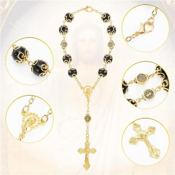 Catholic rosary beads car mirror cross pendant rearview hanging ornament set 4pc - Picture 5 of 8